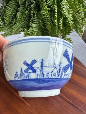 Vintage Delft Blue and White Windmill and Ship Ceramic Bowl